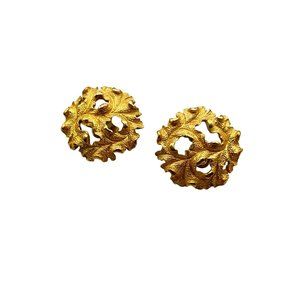 Vintage Signed Trifari Clip Earrings Gold Tone Textured Leaf Design Round Clips